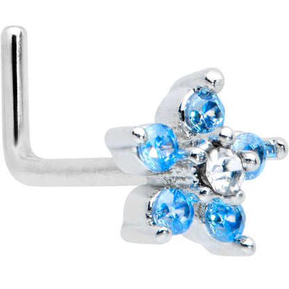 20G 1/4 Blue Clear CZ Gem Flower Beauty L Shape Nose Ring