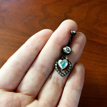 Clear Aurora Gem Black Rococo Heart Dangle Belly Ring