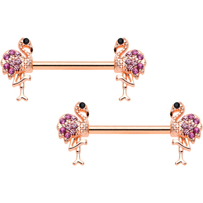 14G 9/16  Pink Gem Rose Gold Hue Fashion Flamingo Nipple Ring Set