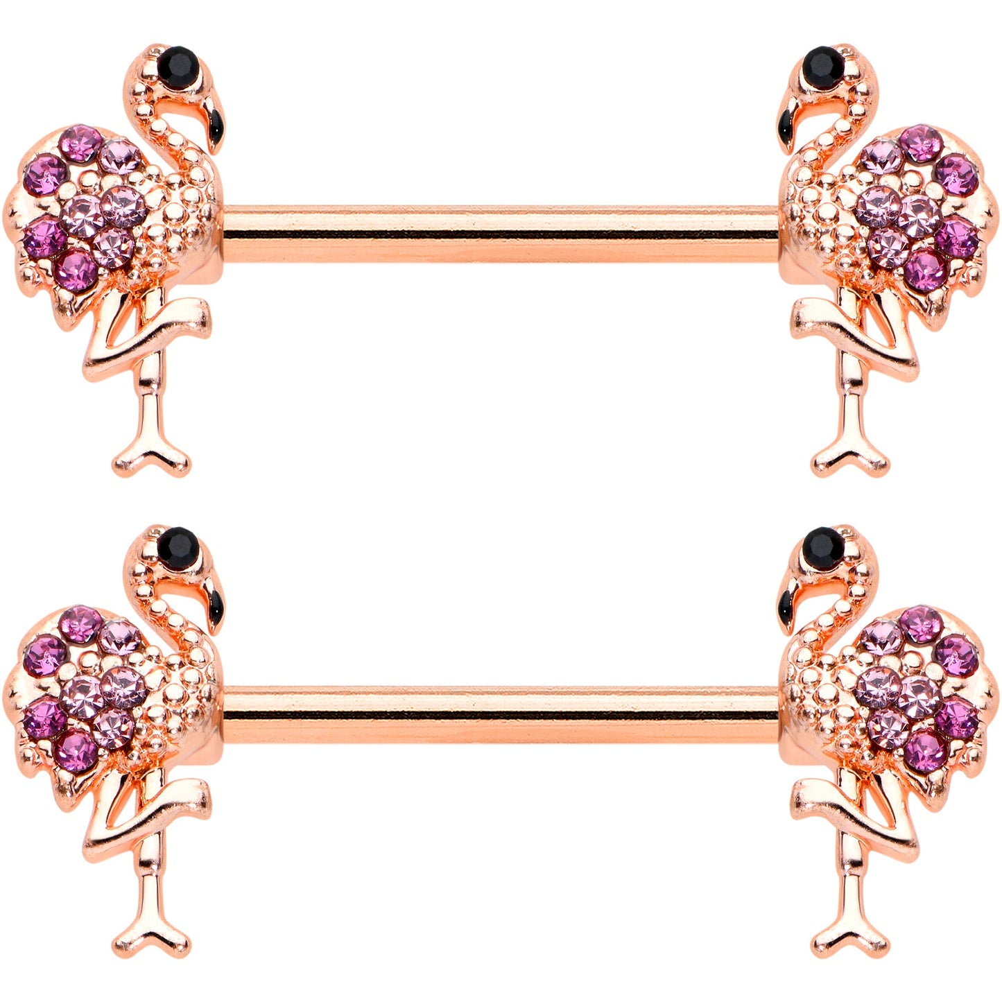 14G 9/16  Pink Gem Rose Gold Hue Fashion Flamingo Nipple Ring Set
