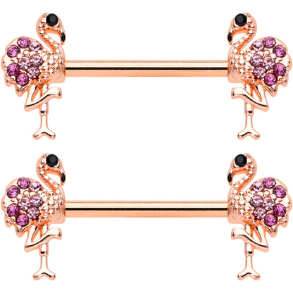14G 9/16  Pink Gem Rose Gold Hue Fashion Flamingo Nipple Ring Set