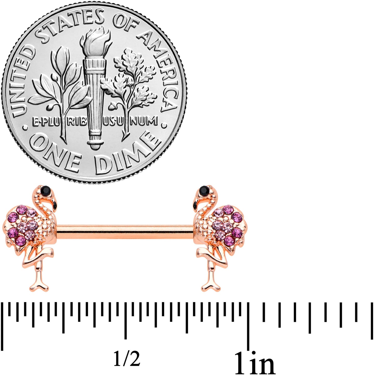 14G 9/16  Pink Gem Rose Gold Hue Fashion Flamingo Nipple Ring Set