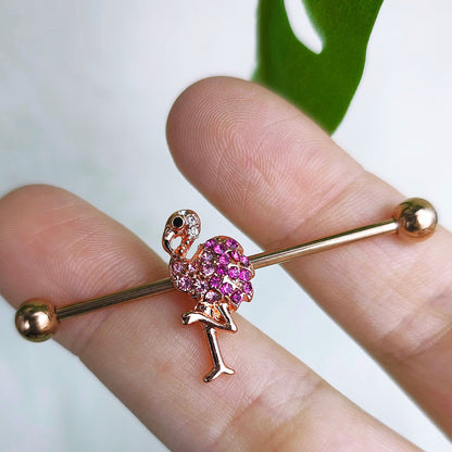 14G Pink Gem Rosy Tone Fashion Flamingo Industrial Barbell 38mm