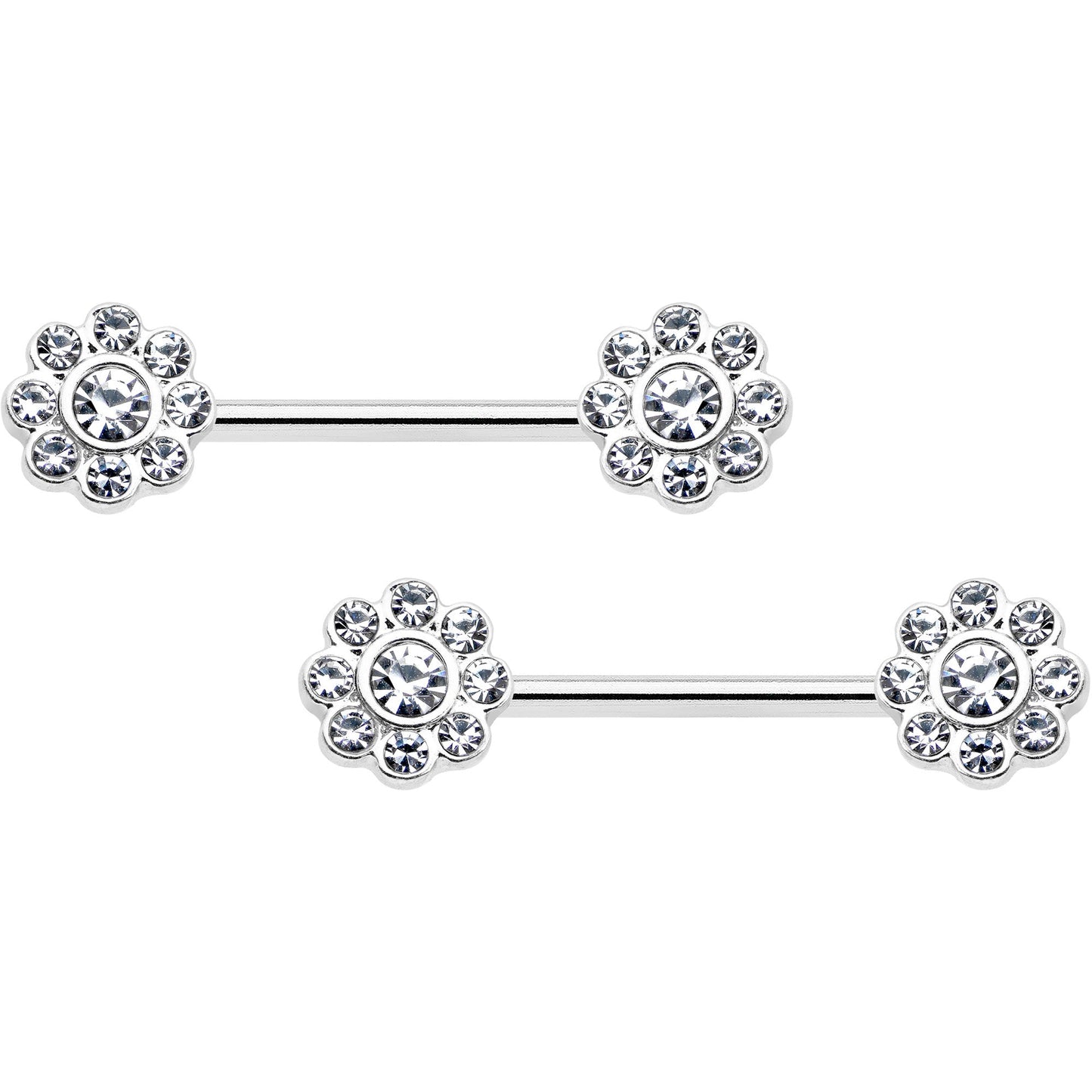 14G 9/16 Clear Gem Whimsy Flower Barbell Nipple Ring Set