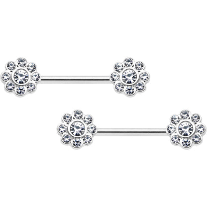 14G 9/16 Clear Gem Whimsy Flower Barbell Nipple Ring Set