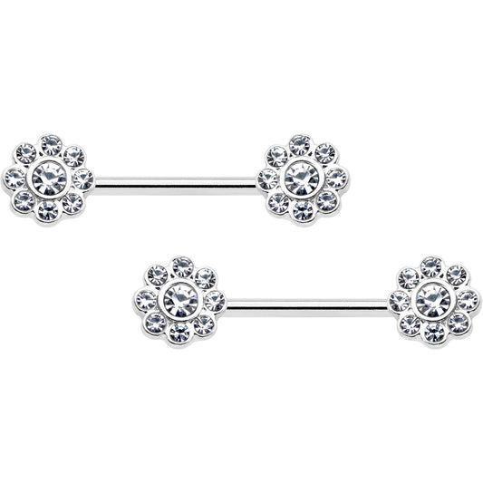 14G 9/16 Clear Gem Whimsy Flower Barbell Nipple Ring Set