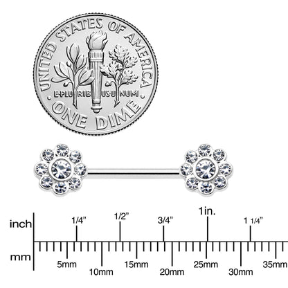 14G 9/16 Clear Gem Whimsy Flower Barbell Nipple Ring Set