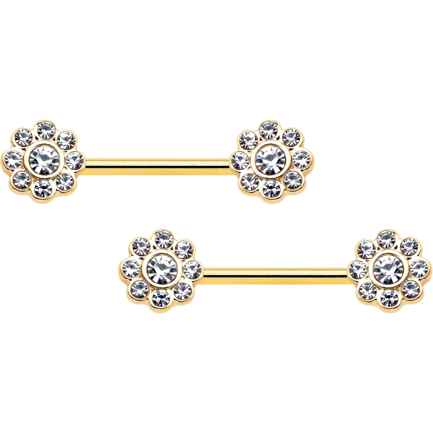 14G 9/16 Clear Gem Gold Tone Whimsy Flower Barbell Nipple Ring Set