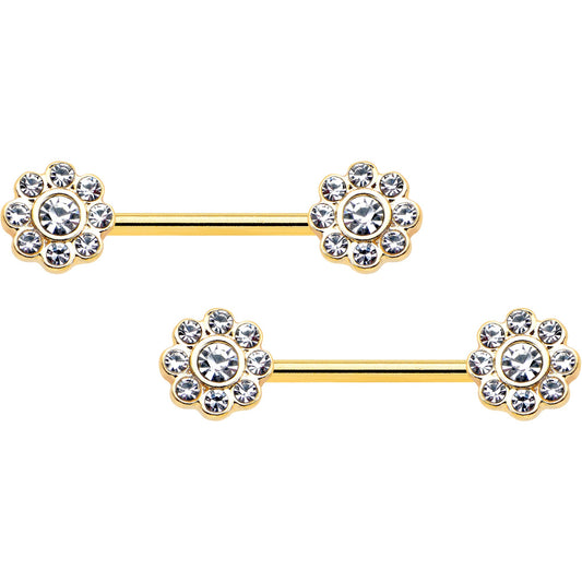 14G 9/16 Clear Gem Gold Tone Whimsy Flower Barbell Nipple Ring Set