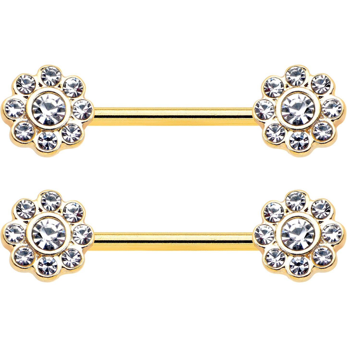 14G 9/16 Clear Gem Gold Tone Whimsy Flower Barbell Nipple Ring Set