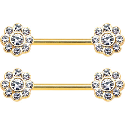 14G 9/16 Clear Gem Gold Tone Whimsy Flower Barbell Nipple Ring Set