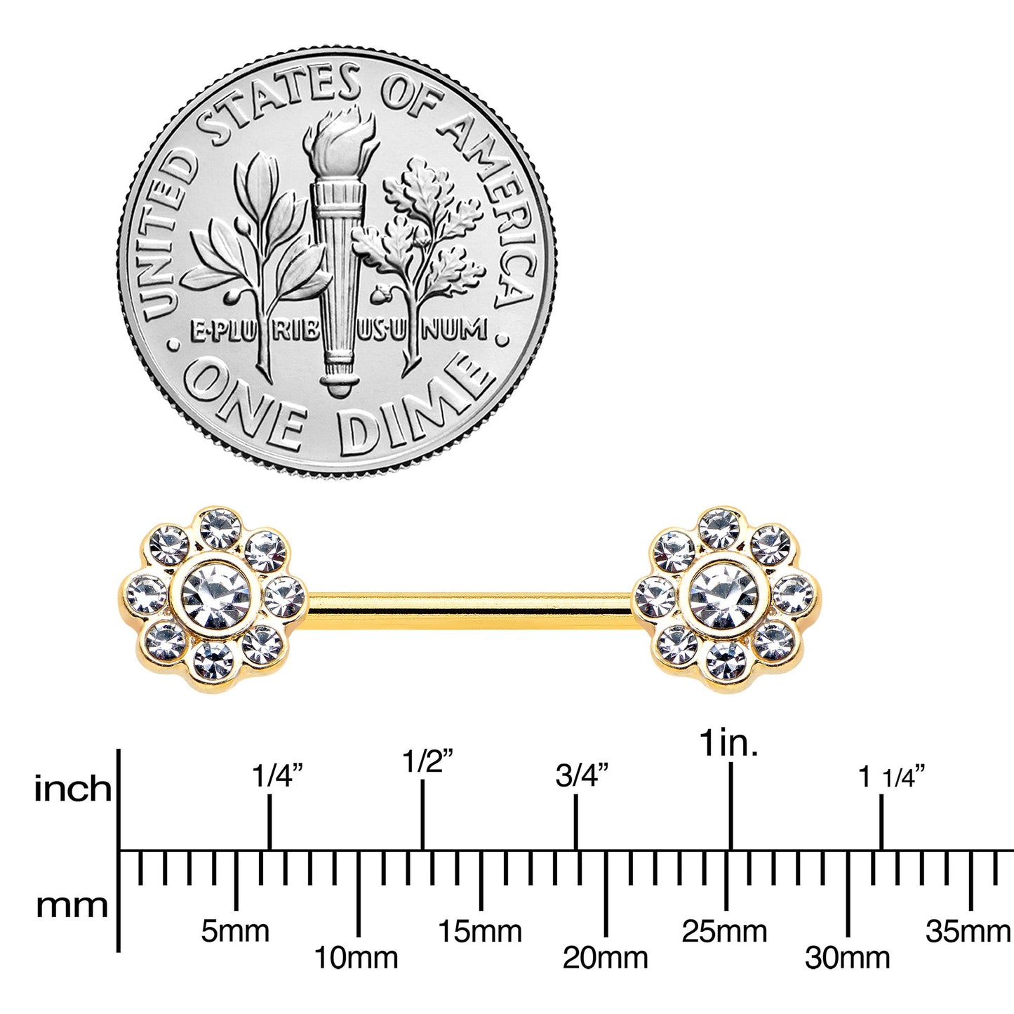 14G 9/16 Clear Gem Gold Tone Whimsy Flower Barbell Nipple Ring Set