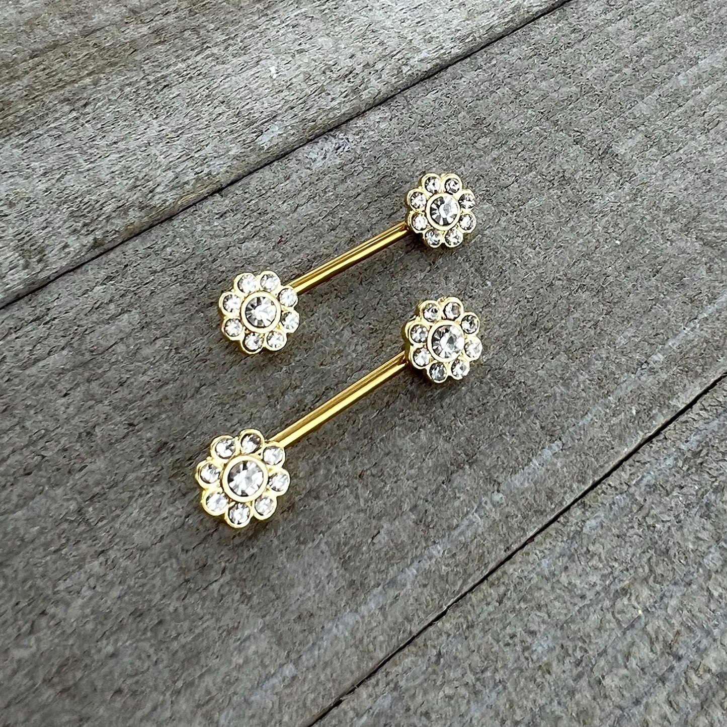 14G 9/16 Clear Gem Gold Tone Whimsy Flower Barbell Nipple Ring Set