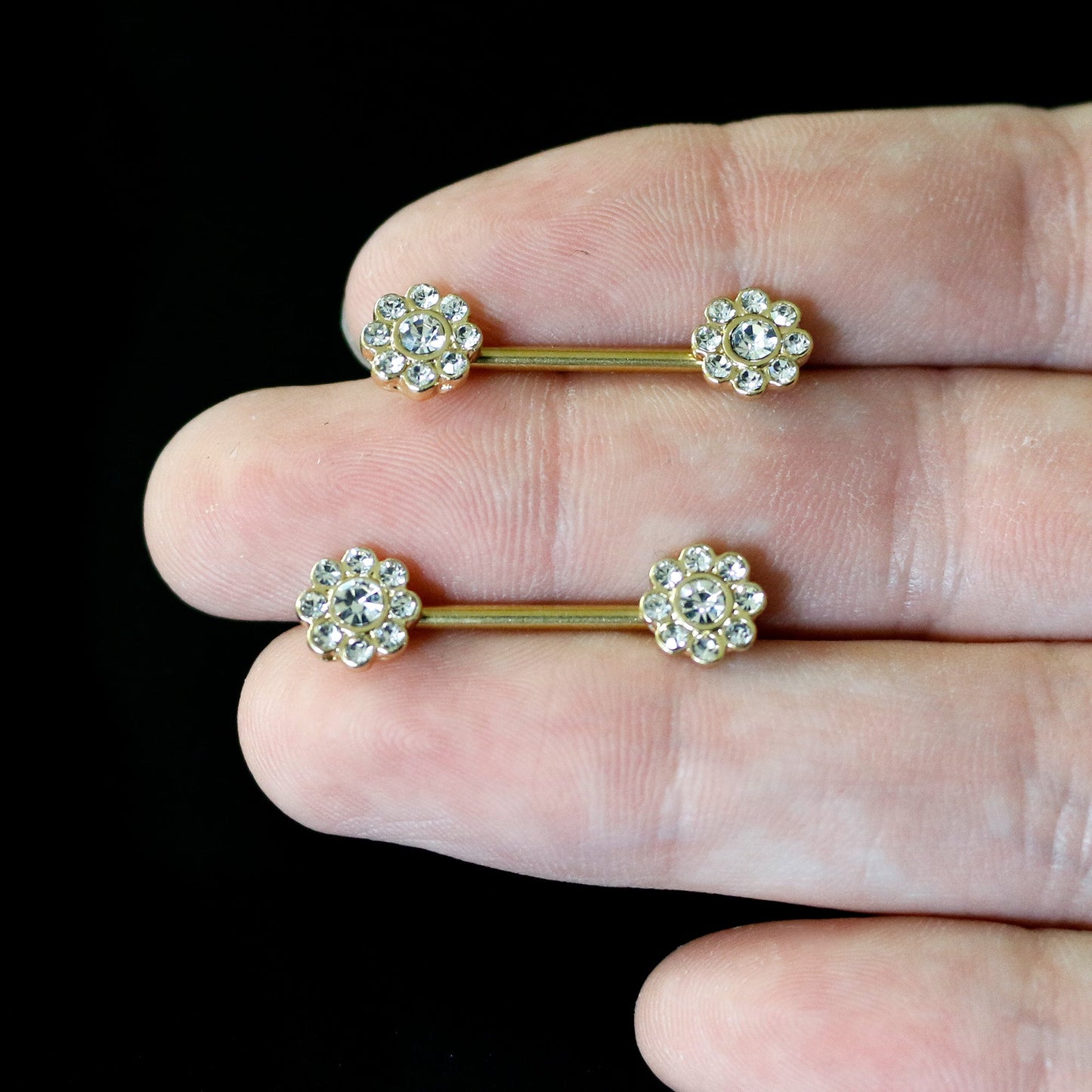 14G 9/16 Clear Gem Gold Tone Whimsy Flower Barbell Nipple Ring Set