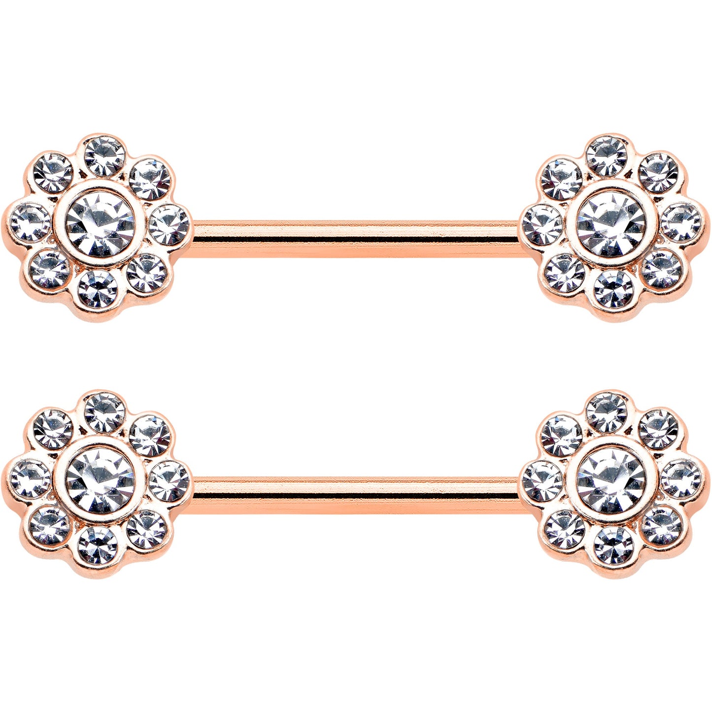 14G 9/16 Clear Gem Rosy Tone Whimsy Flower Barbell Nipple Ring Set