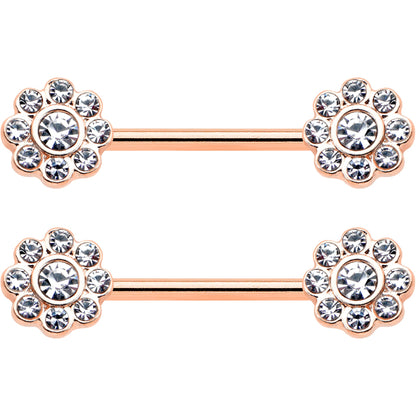 14G 9/16 Clear Gem Rosy Tone Whimsy Flower Barbell Nipple Ring Set