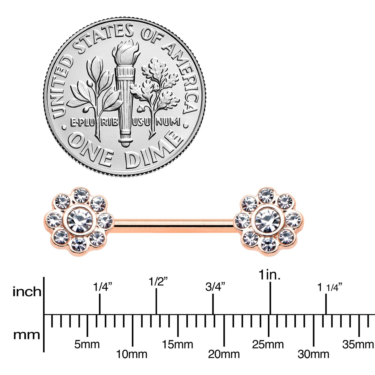 14G 9/16 Clear Gem Rosy Tone Whimsy Flower Barbell Nipple Ring Set