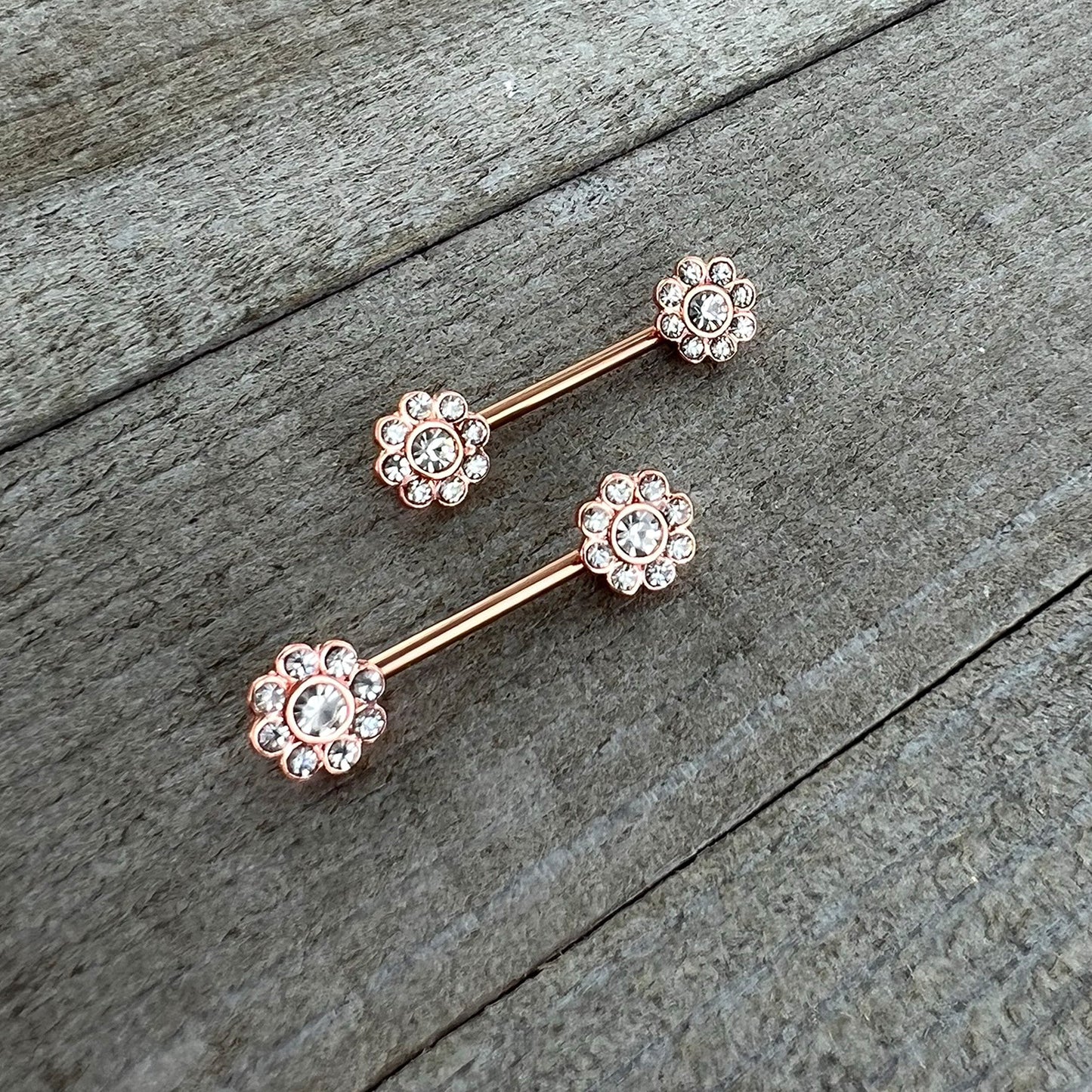 14G 9/16 Clear Gem Rosy Tone Whimsy Flower Barbell Nipple Ring Set