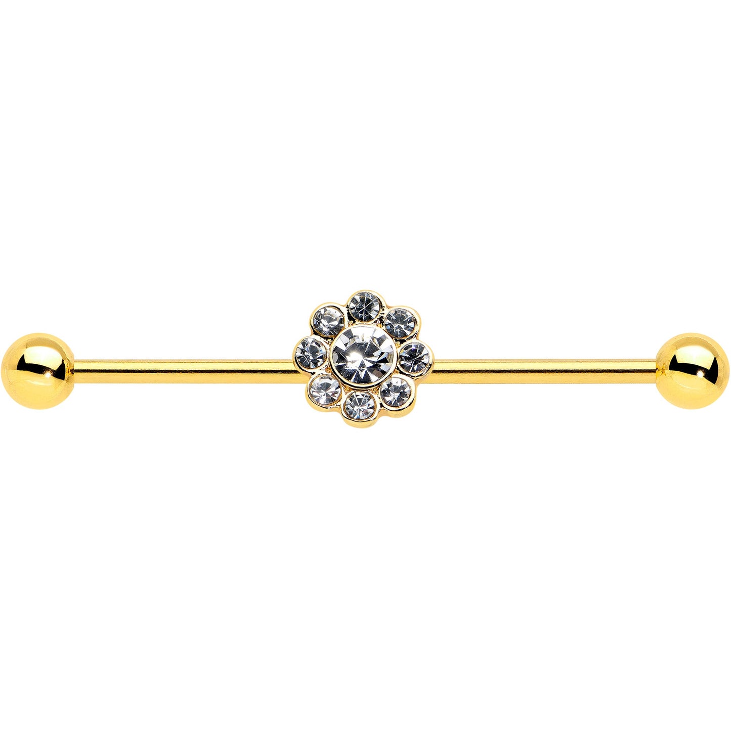 14G Clear Gem Gold Tone Whimsy Flower Industrial Barbell 38mm