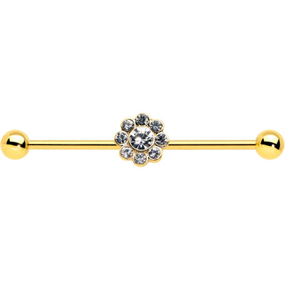 14G Clear Gem Gold Tone Whimsy Flower Industrial Barbell 38mm