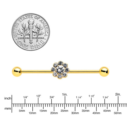 14G Clear Gem Gold Tone Whimsy Flower Industrial Barbell 38mm