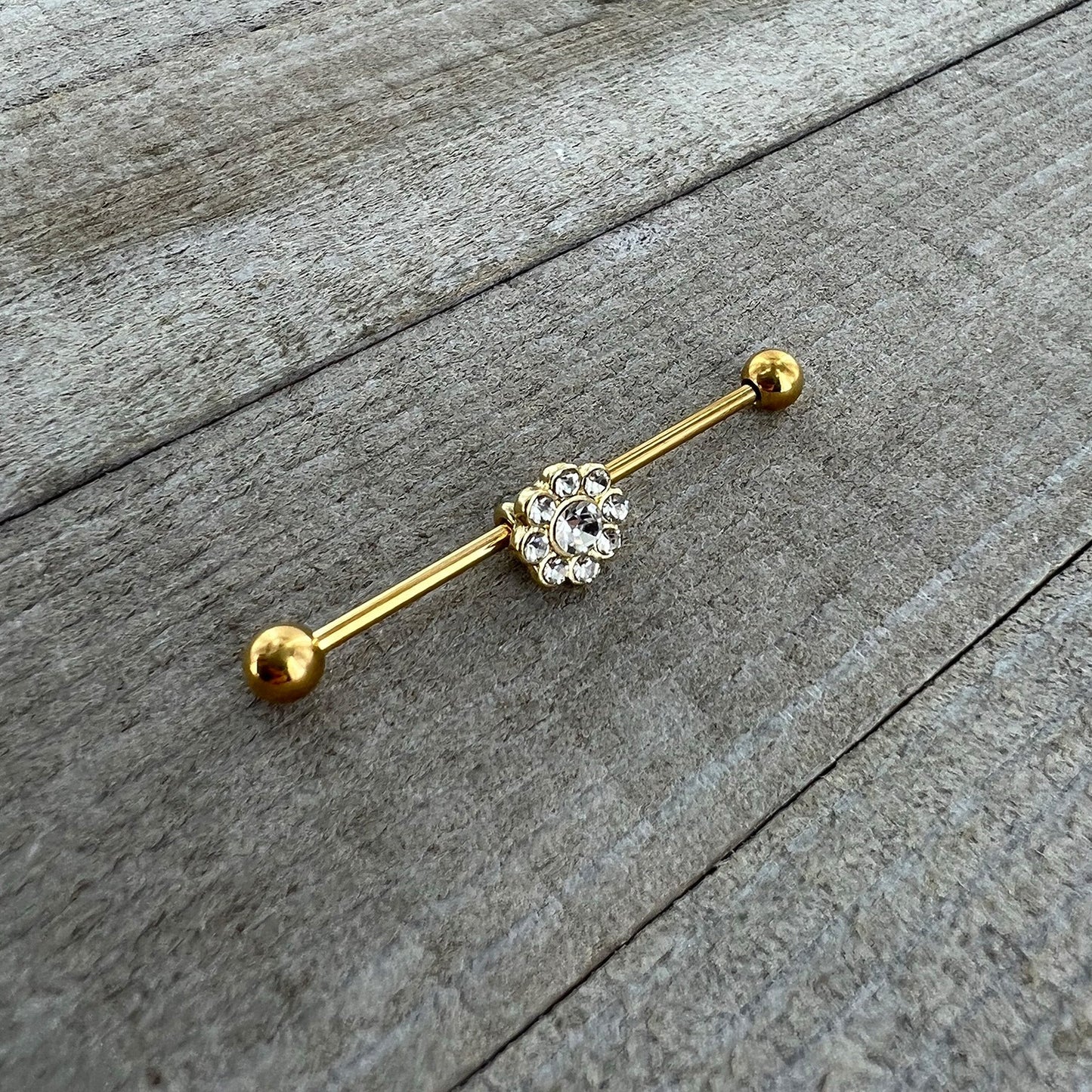 14G Clear Gem Gold Tone Whimsy Flower Industrial Barbell 38mm