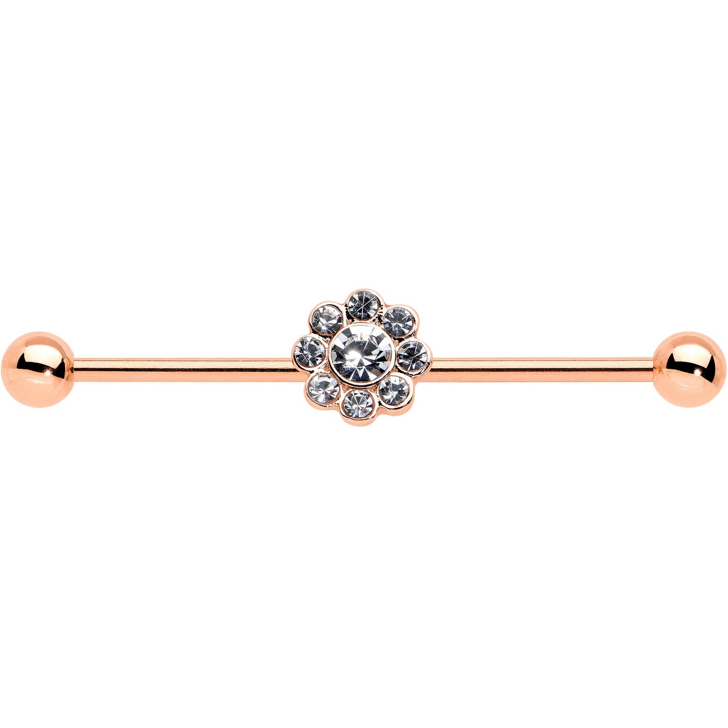 14G Clear Gem Rose Gold Hue Whimsy Flower Industrial Barbell 38mm