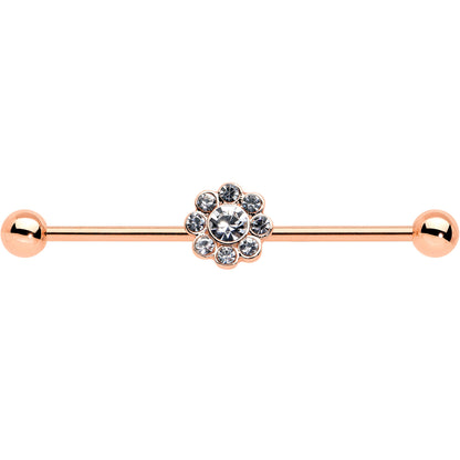 14G Clear Gem Rose Gold Hue Whimsy Flower Industrial Barbell 38mm