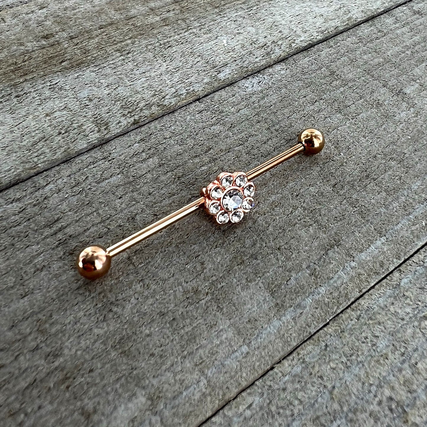 14G Clear Gem Rose Gold Hue Whimsy Flower Industrial Barbell 38mm