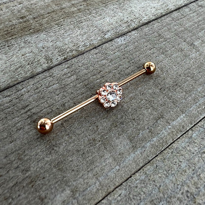 14G Clear Gem Rose Gold Hue Whimsy Flower Industrial Barbell 38mm