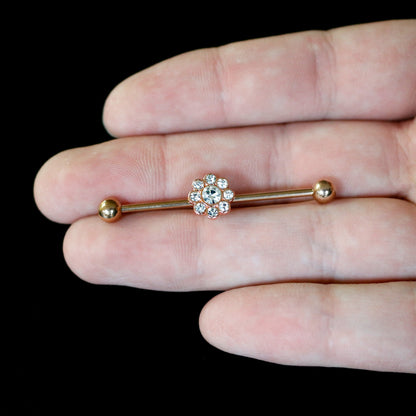 14G Clear Gem Rose Gold Hue Whimsy Flower Industrial Barbell 38mm