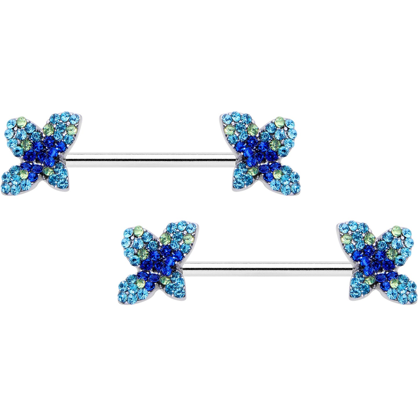 14G 9/16 Blue Gem Glamour Butterfly Barbell Nipple Ring Set