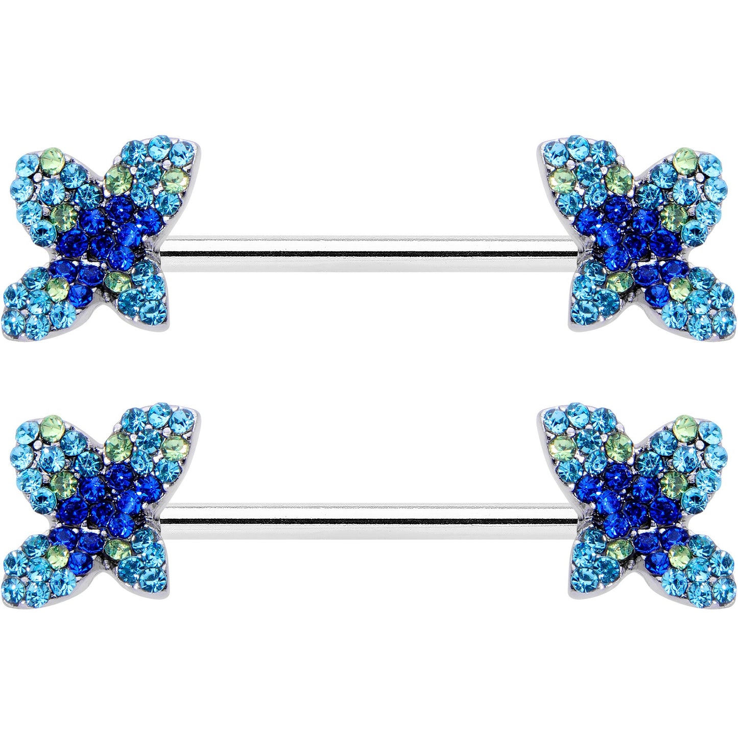 14G 9/16 Blue Gem Glamour Butterfly Barbell Nipple Ring Set