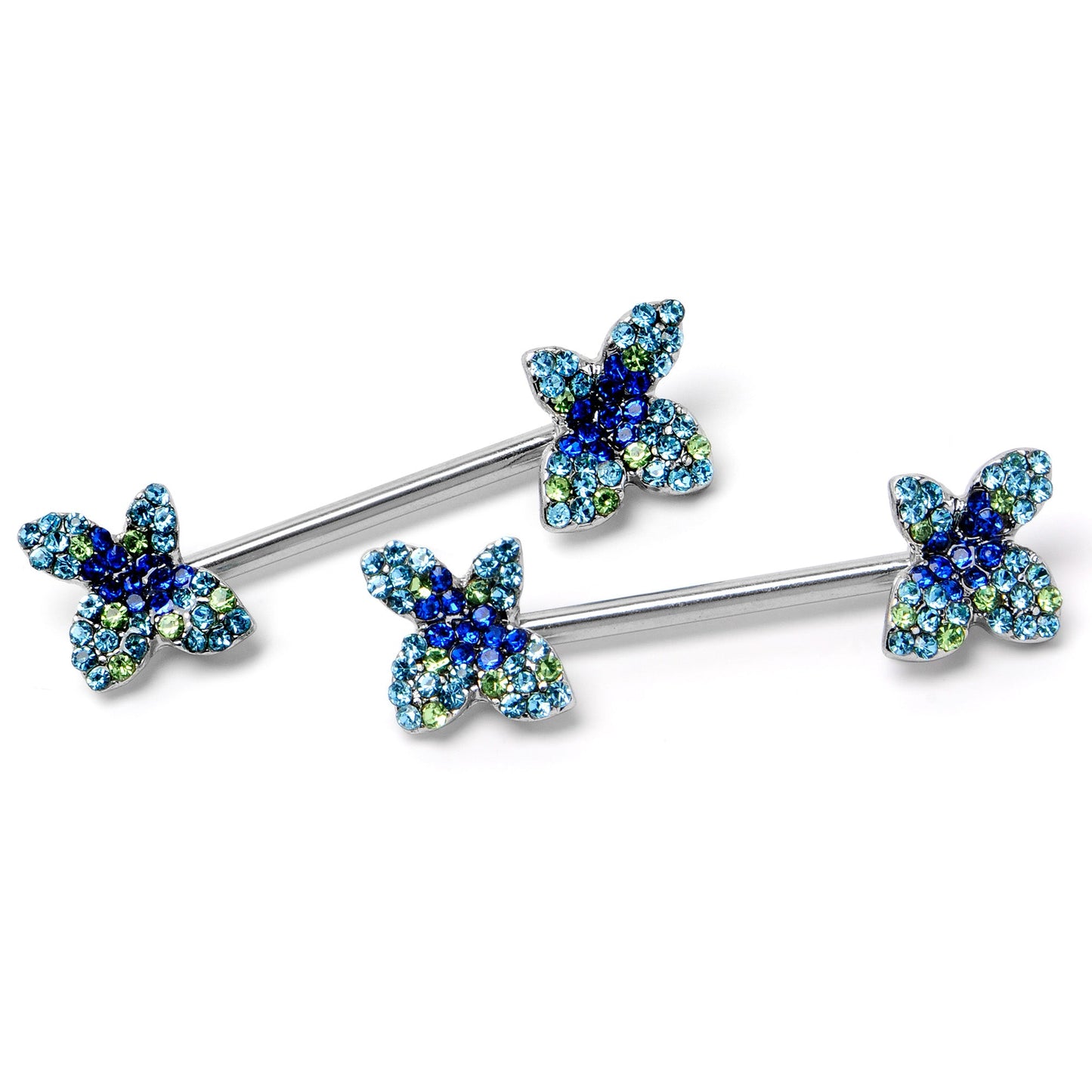 14G 9/16 Blue Gem Glamour Butterfly Barbell Nipple Ring Set