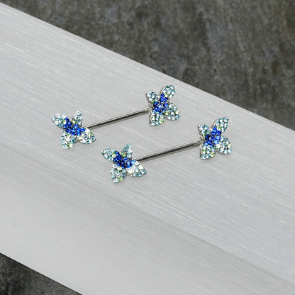 14G 9/16 Blue Gem Glamour Butterfly Barbell Nipple Ring Set