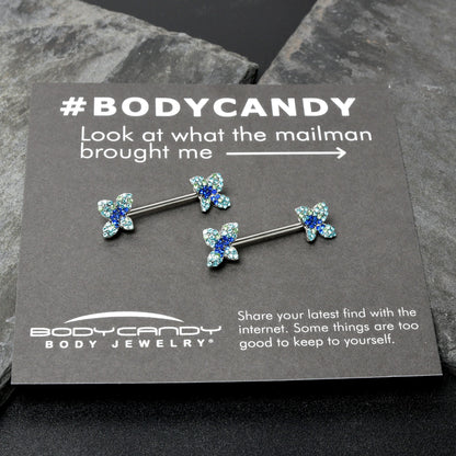 14G 9/16 Blue Gem Glamour Butterfly Barbell Nipple Ring Set