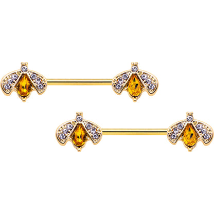 14G 9/16 Yellow Gem Gold Tone Fashion Bug Barbell Nipple Ring Set