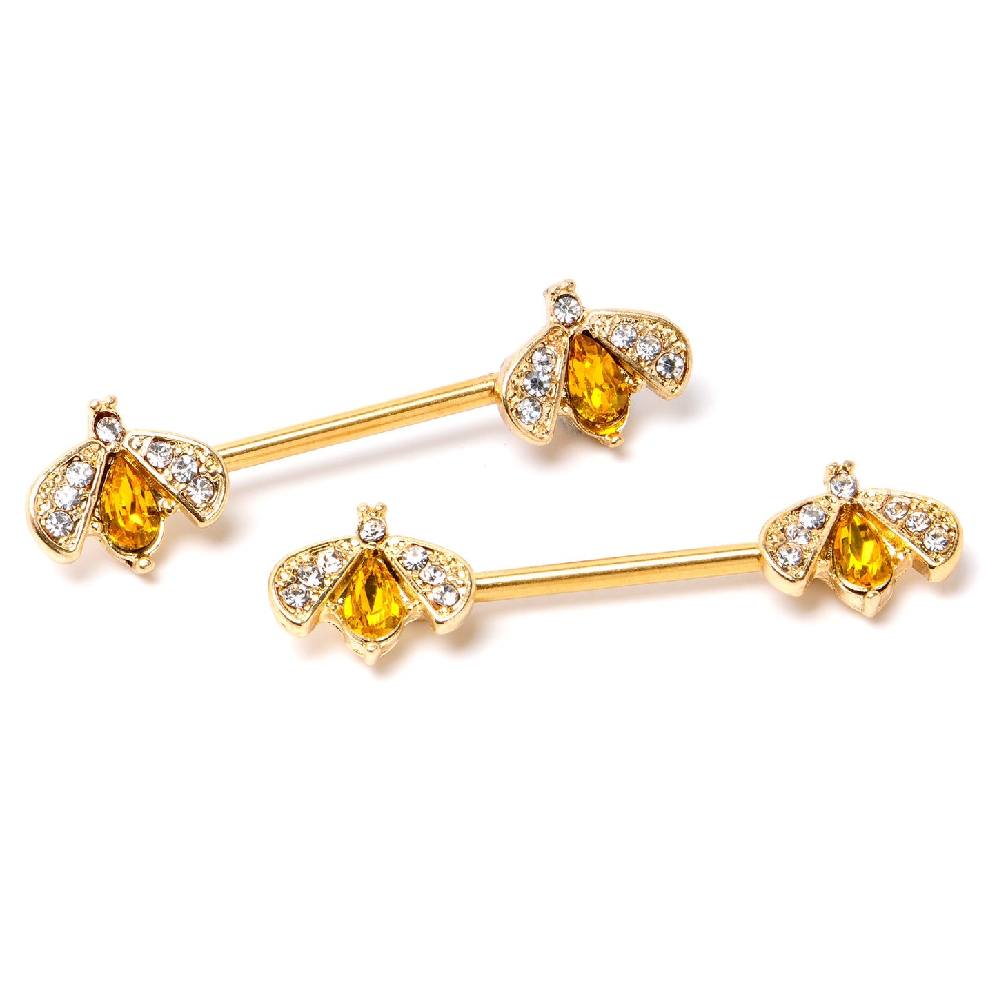 14G 9/16 Yellow Gem Gold Tone Fashion Bug Barbell Nipple Ring Set