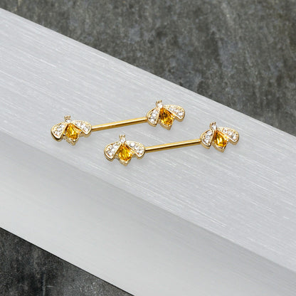 14G 9/16 Yellow Gem Gold Tone Fashion Bug Barbell Nipple Ring Set