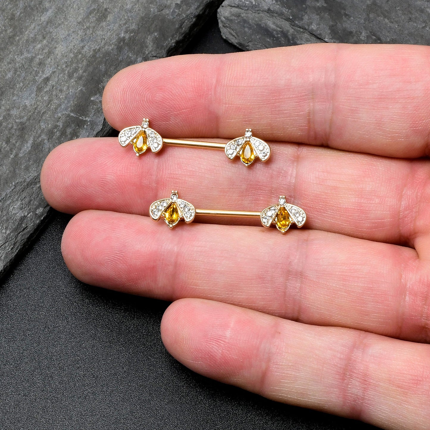 14G 9/16 Yellow Gem Gold Tone Fashion Bug Barbell Nipple Ring Set