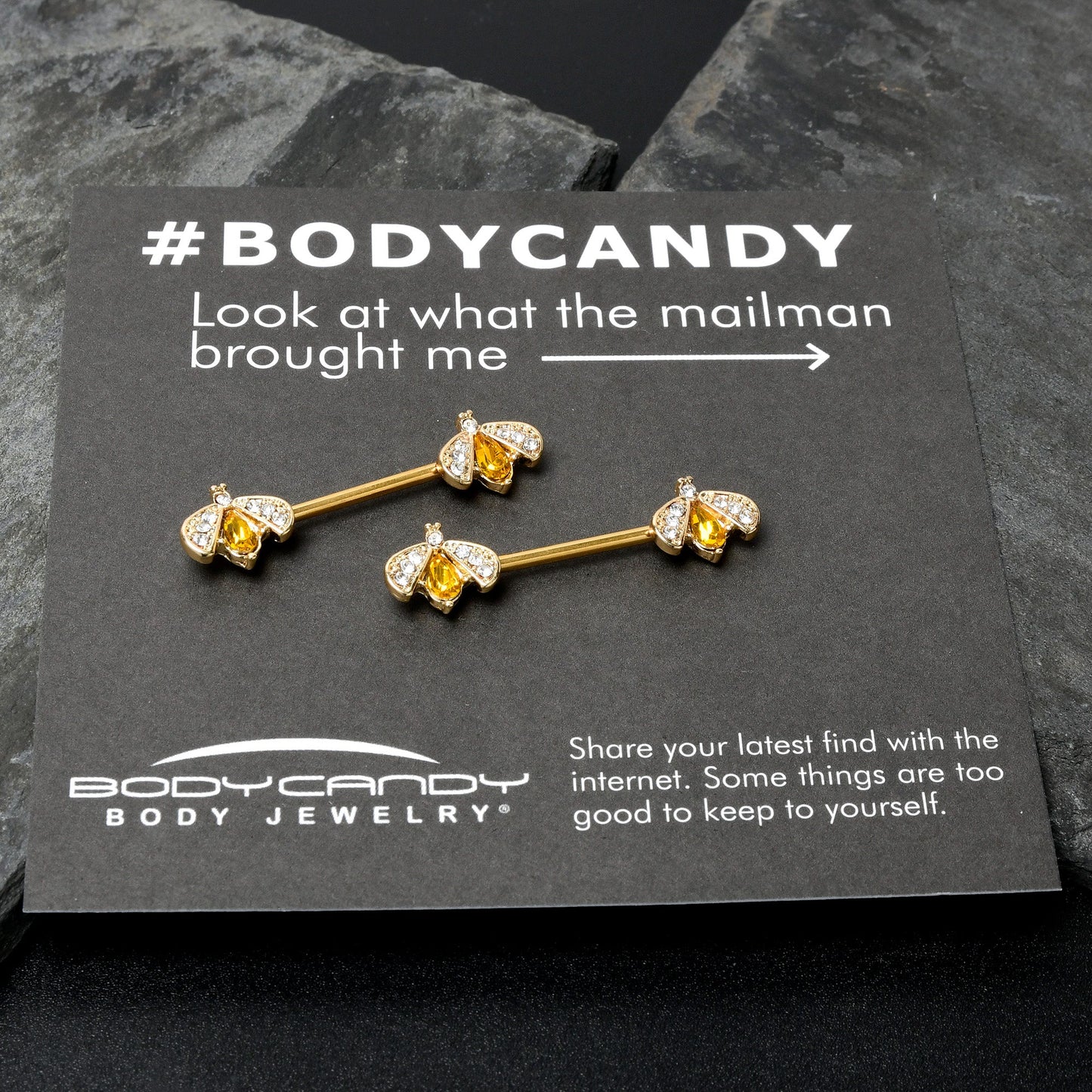 14G 9/16 Yellow Gem Gold Tone Fashion Bug Barbell Nipple Ring Set