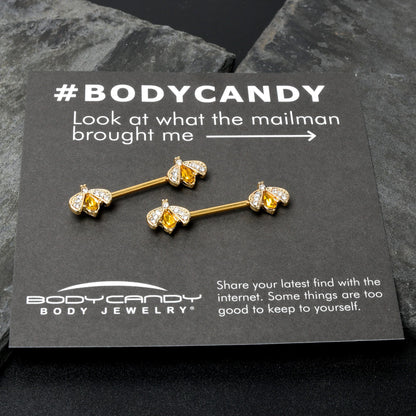 14G 9/16 Yellow Gem Gold Tone Fashion Bug Barbell Nipple Ring Set