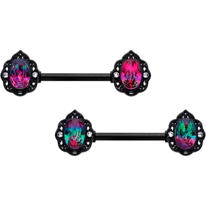 14G 9/16 Purple Tourmaline Black Lacy Drop Barbell Nipple Ring Set