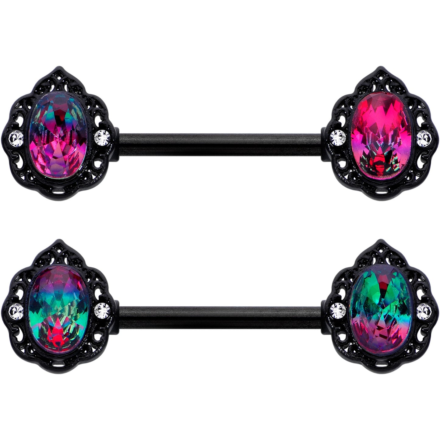 14G 9/16 Purple Tourmaline Black Lacy Drop Barbell Nipple Ring Set