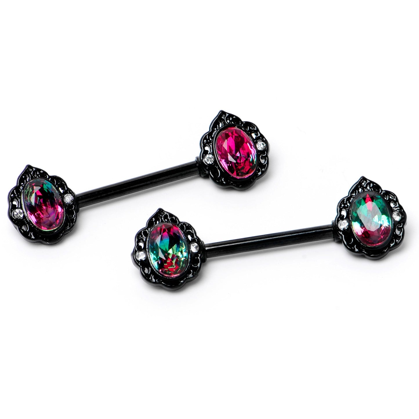 14G 9/16 Purple Tourmaline Black Lacy Drop Barbell Nipple Ring Set