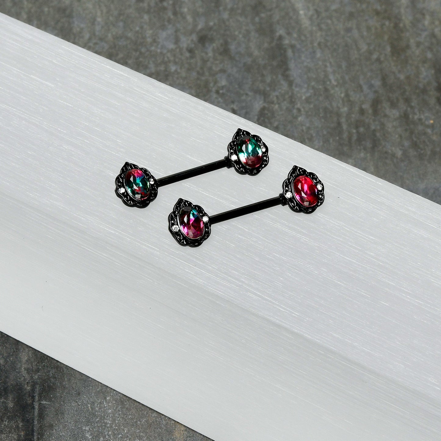 14G 9/16 Purple Tourmaline Black Lacy Drop Barbell Nipple Ring Set