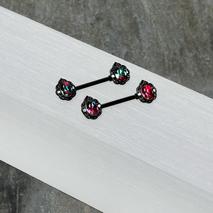 14G 9/16 Purple Tourmaline Black Lacy Drop Barbell Nipple Ring Set