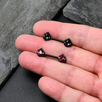 14G 9/16 Purple Tourmaline Black Lacy Drop Barbell Nipple Ring Set