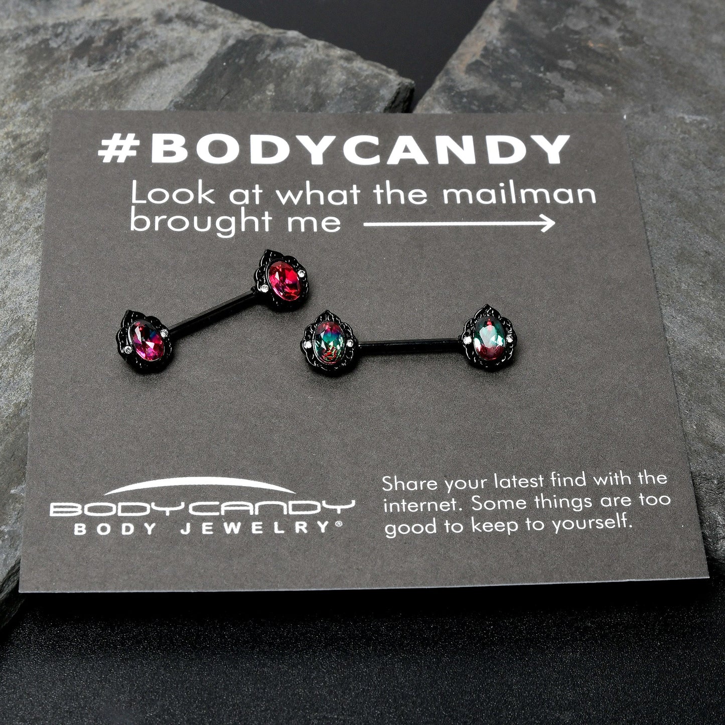 14G 9/16 Purple Tourmaline Black Lacy Drop Barbell Nipple Ring Set