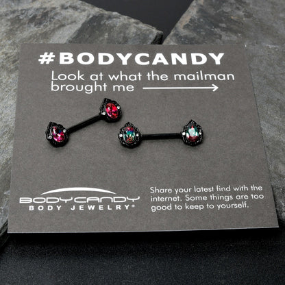 14G 9/16 Purple Tourmaline Black Lacy Drop Barbell Nipple Ring Set